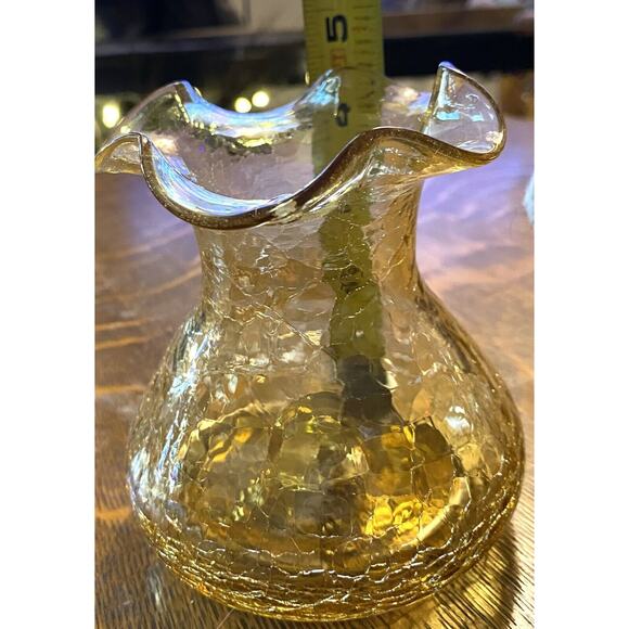 Vintage Hand Blown Amber Crackle Glass Vase Ruffled Rim MCM 4 1/2” Tall - Picture 5 of 7